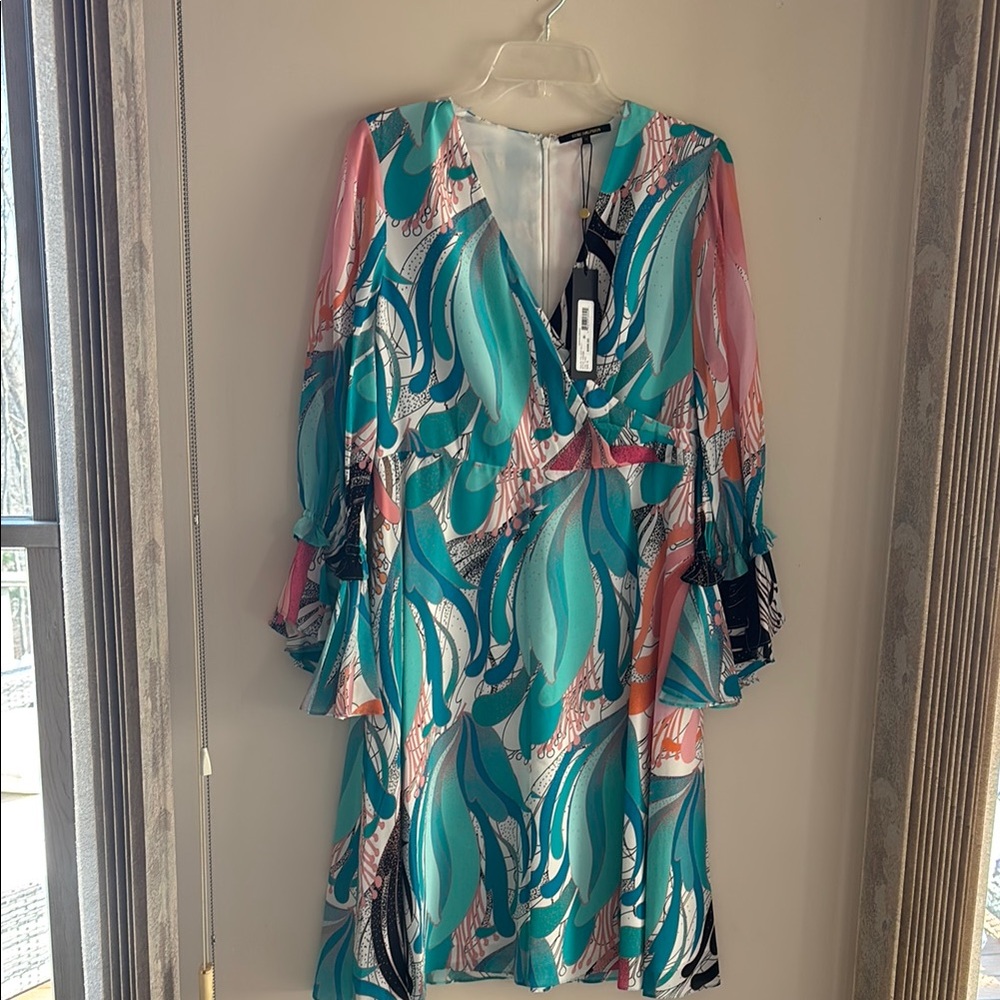 Colorful V-Neck Dress with Flowing Sleeves